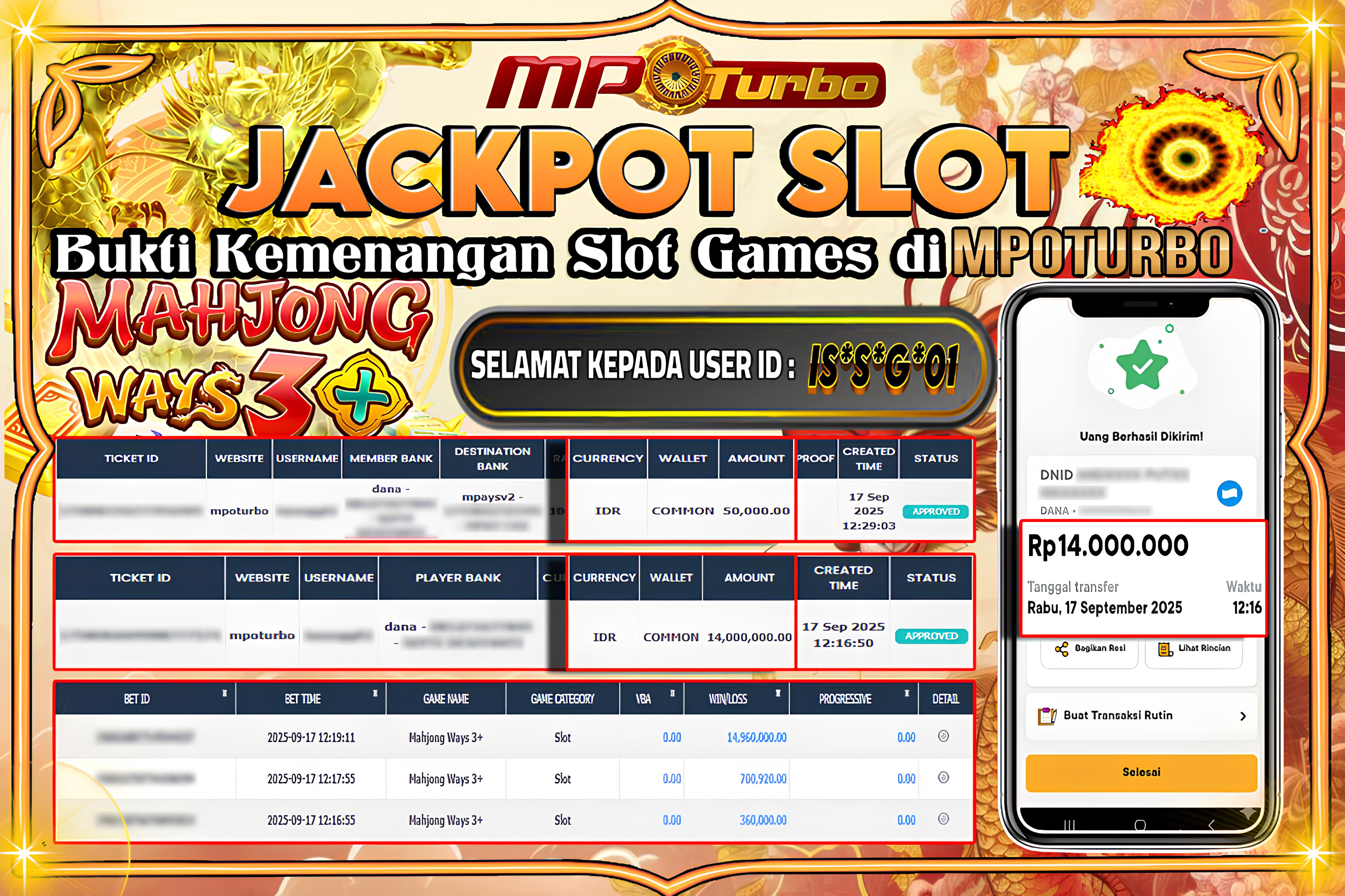 MPOTURBO JACKPOT SLOT MAHJONG WAYS 3+ - PLAYSTAR Rp 14,000,000.00,- LUNAS